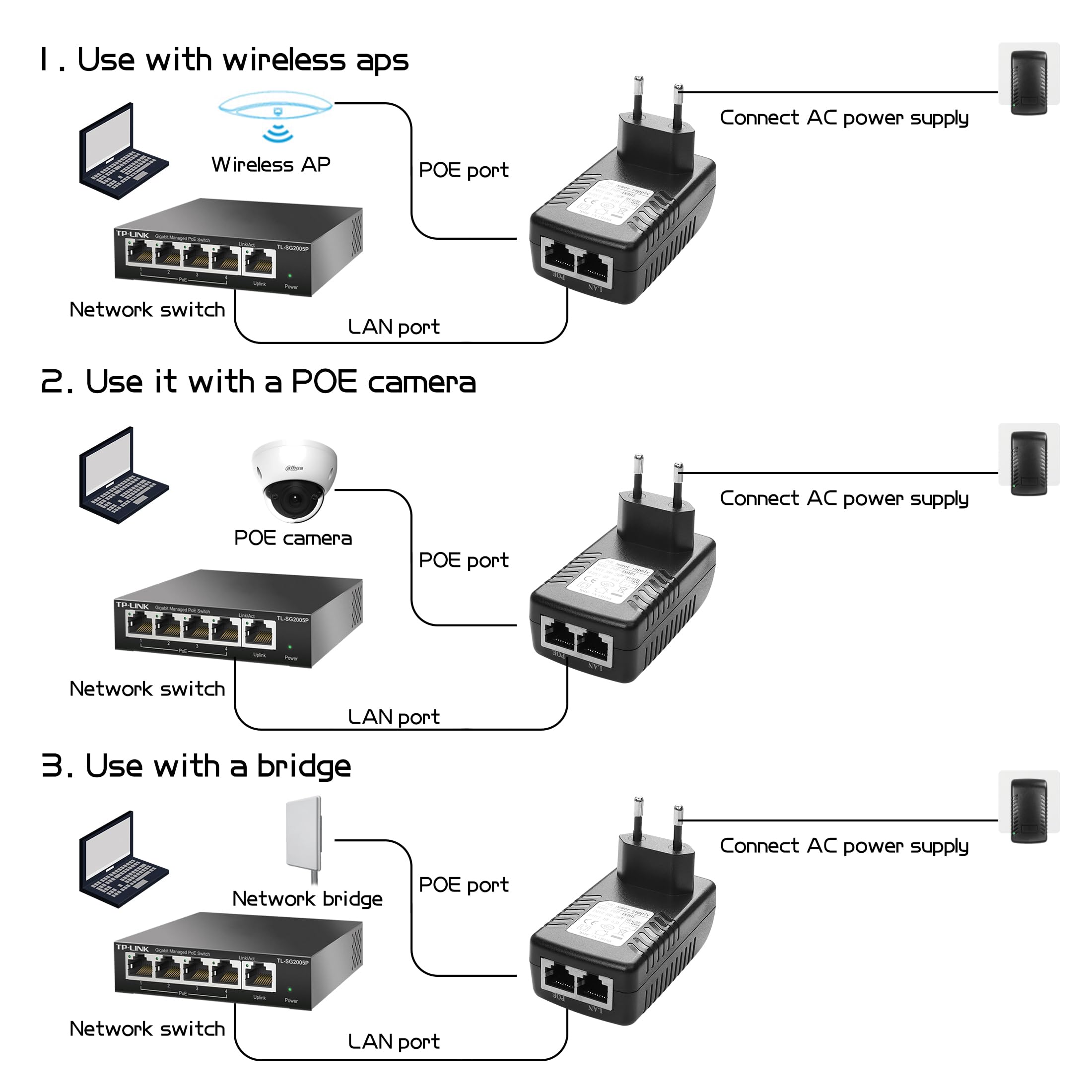 YAODHAOD POE Adaptateur Injecteur 48V / 0.5A 100/1000Mbps Prise Européenne Distance jusqu'à 100m Plug and Play pour adaptateur Ethernet, téléphone et caméra IP (100m)