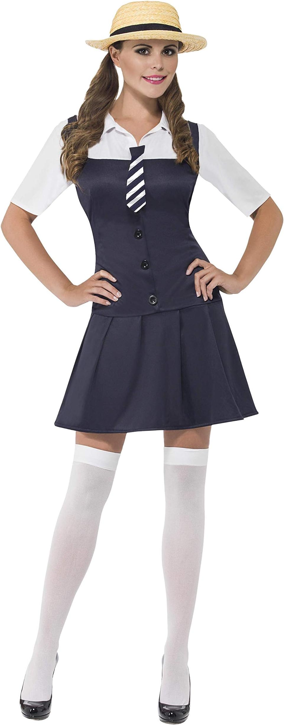 Smiffys School Girl Costume, Dress,Tie and Boater Hat, Size: XS, Colour: Navy and White, 31105