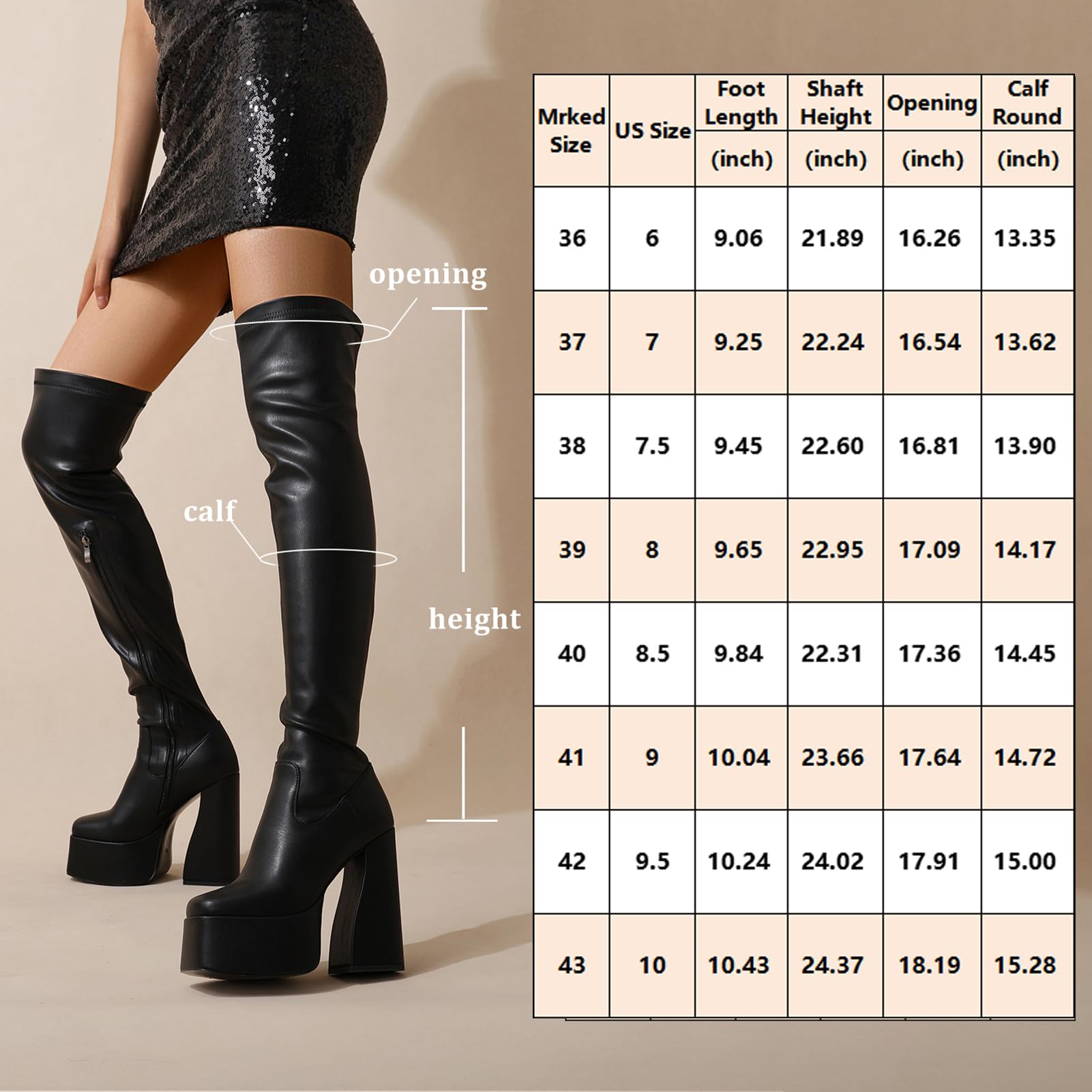 LanreyTaley Platform Thigh High Boots for Women Chunky Block Heels Over The Knee Boots Stretch Go-Go Boot Square Toe Party Boots with Zipper