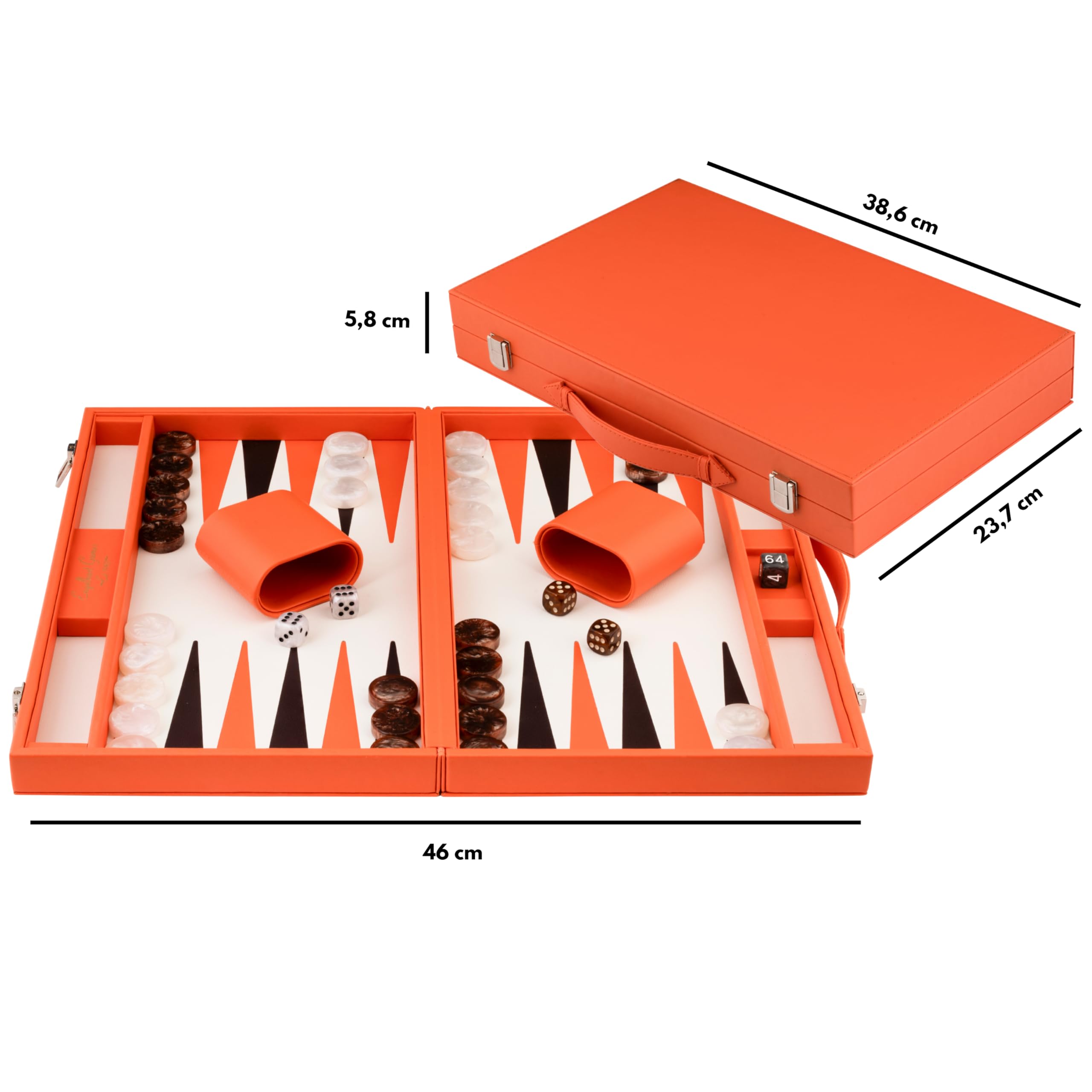 Engelhart-250564 – Backgammon 15 cali (38,6 cm) Luksusowa Walizka Skaj Pomarańczowa – Plansza Intarsjowana – Otwarta 47,4 × 38,6 cm – Czarne/Pomarańczowe Pionki – Kostki i Kubki – Klasyczna Gra