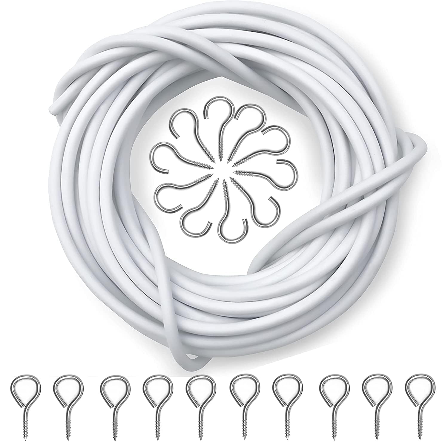 White Curtain Wire 8 Meter With 10 Hooks & 10 Eyes, Durable Window Net Rod for Clothesline Hanging