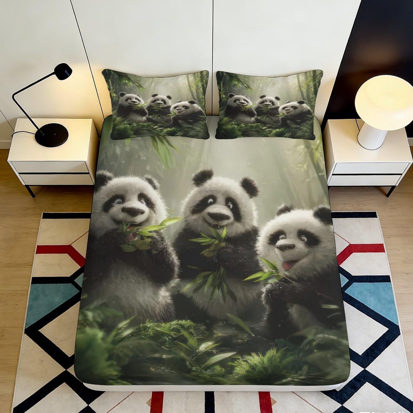 3D Printed Panda Animal Fitted Sheet Microfiber Soft Breathable Bamboo Forest Bed Cover for Bedroom Dormitory Guest Room Mattress Protection Decor 90x200x25cm