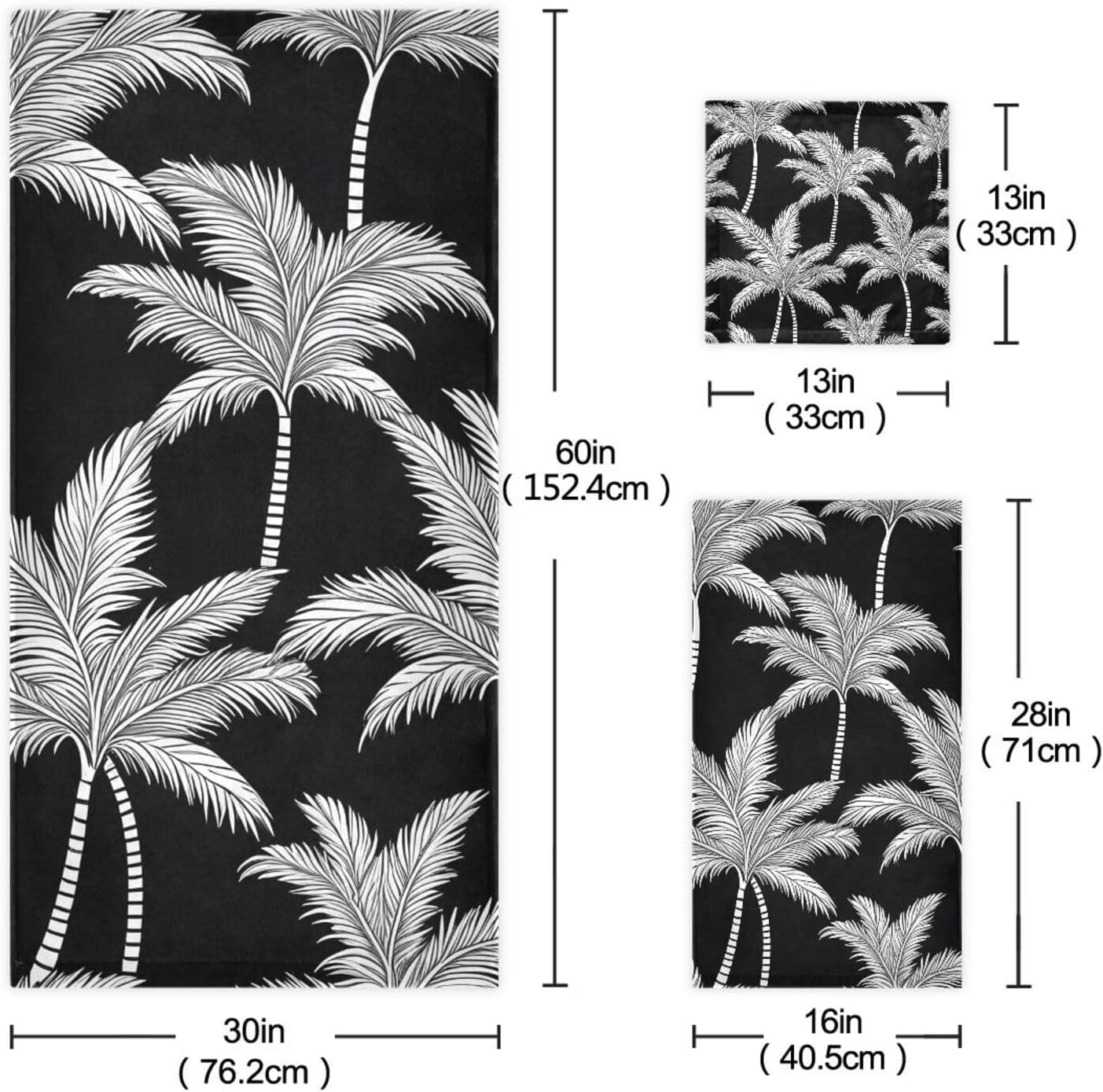 Bath Towels 3PCS Hawaiian Palm Tree Black Bathroom Towel for Face Hand Absorbent Washcloth for Gym Bathing Home Shower