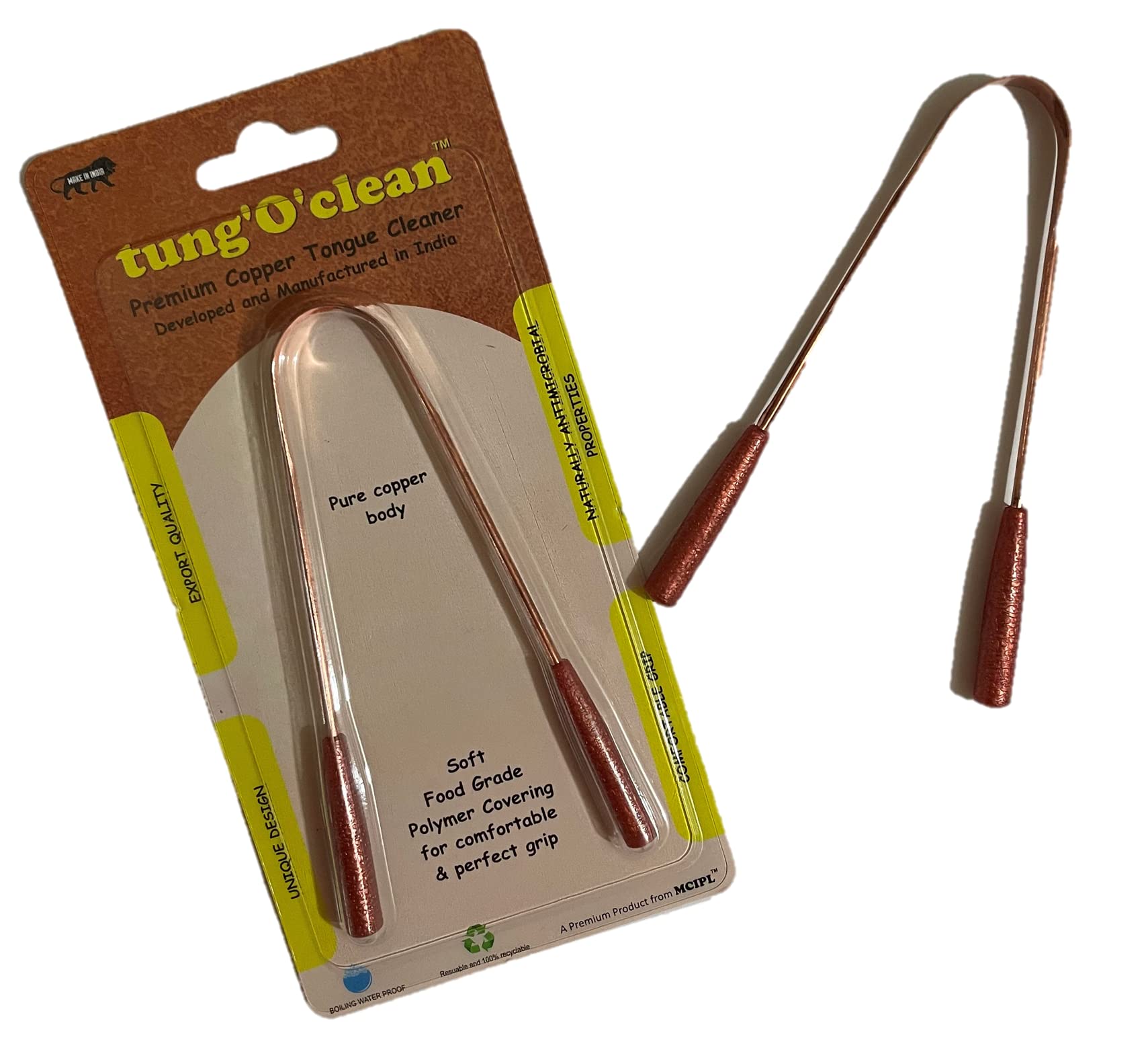tung'O'clean Premium Tongue Cleaner with Easy Grip Handle - Pack of 1 unit | Made of 100% Pure Copper Body | Elegant and Premium Look | Effective Oral Hygiene | Can be Sterilized (Single Unit Pure Copper)
