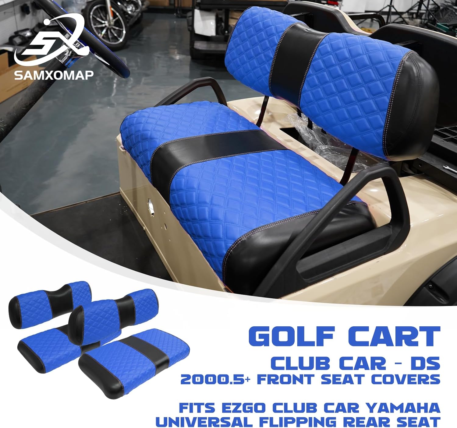 Golf Cart Front and Rear Seat Covers Waterproof and Sun Resistant Marine Grade Vinyl Leather Seat Cover Accessories for Club Car DS 2000.5-up,Blue(4PCS)