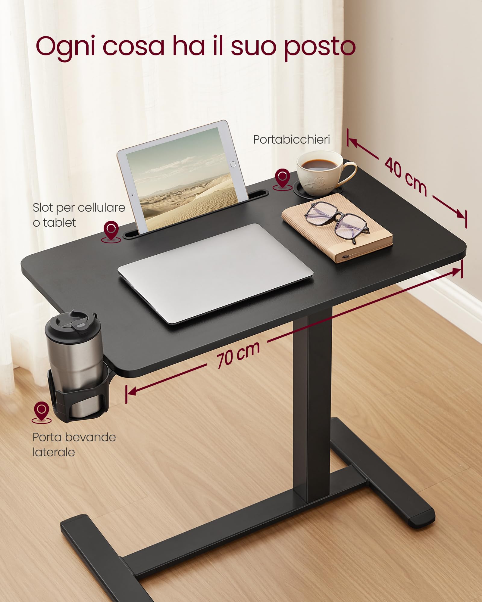 VASAGLE Scrivania con Ruote, Tavolino con Rotelle, Piano 70 x 40 cm, Regolabile in Altezza, 2 Portabicchieri, Slot per Cellulare o Tablet, Nero Inchiostro LSD600B01