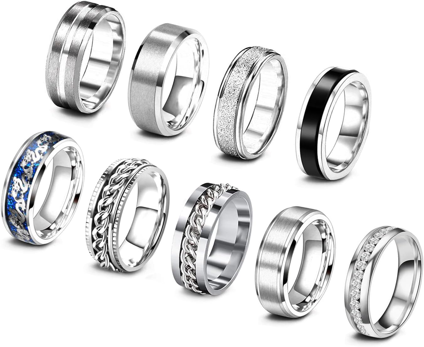 9Pcs Stainless Steel Band Rings for Men Women Cool Fidget Spinning Chain Ring Anxiety Relief Fashion Simple Wedding Engagement Black Ring Set