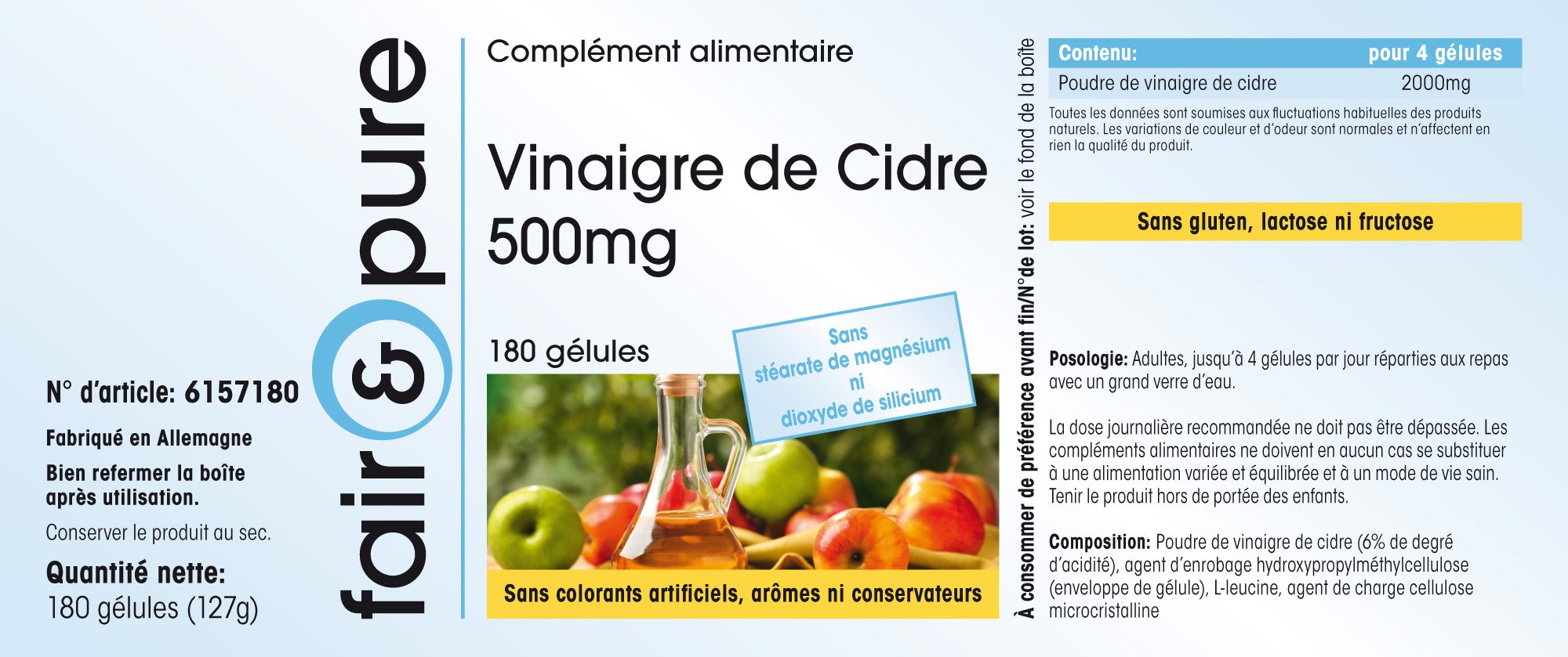 Fair & Pure® - Capsules de Vinaigre de Cidre 2000 mg par dose journalière - Vegan - Haut dosage - 180 capsules