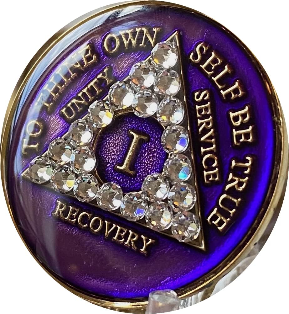 Recovery Mint 1 Year AA Medallion Purple Tri-Plate Clear Diamond Like Crystal Sobriety Chip