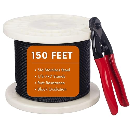 Cable de cable negro de 150 pies y 18 pulgadas, acero inoxidable T316 grado marino para barandillas de cables, escaleras y vallas, construcción