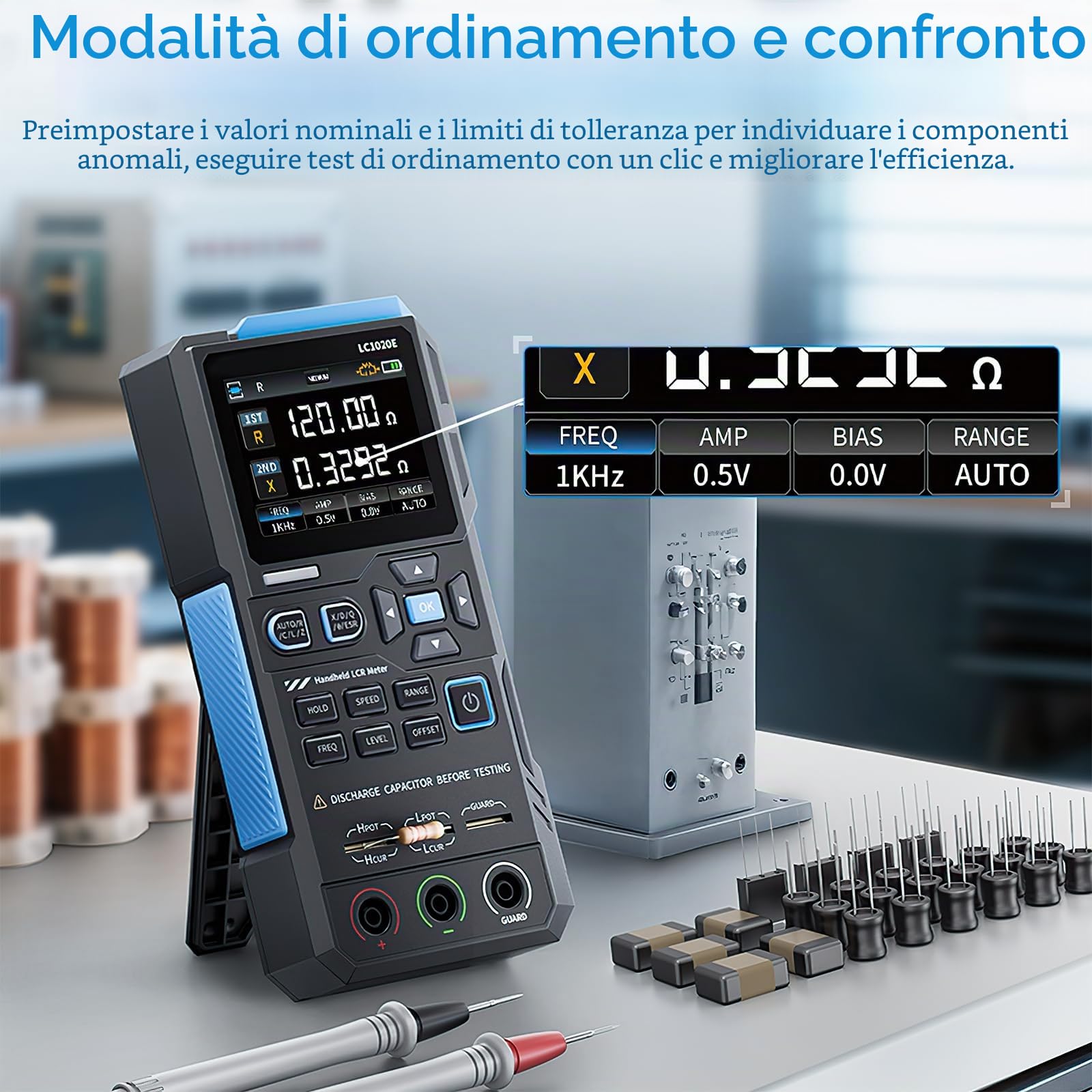 LC1020E LCR Meter 100kHz Misuratore LCR Tester Digitale per Resistori/Induttori/Condensatori, 19999 Conteggi, Multimetro LCR Misura ESR/Q/D/θ/X, Doppio Parametro/Calibrazione Aperto/Cortocircuito