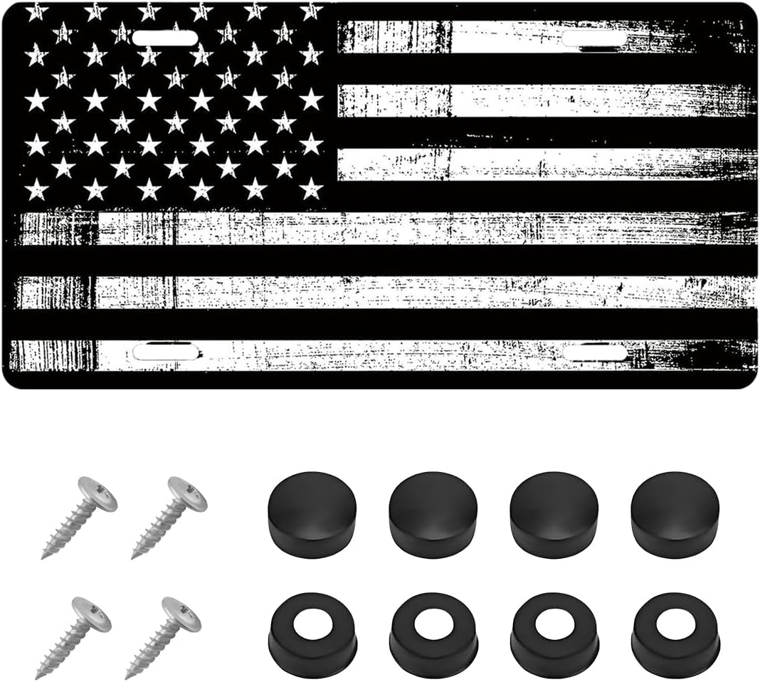Vintage American Flag Front License Plate Frame, Personalise USA Flag Car Front License Plate Tag with 4 Screws, Aluminum Rust-Proof Patriotic US Flag Vanity Tag Auto Plate Decor (Black & White)
