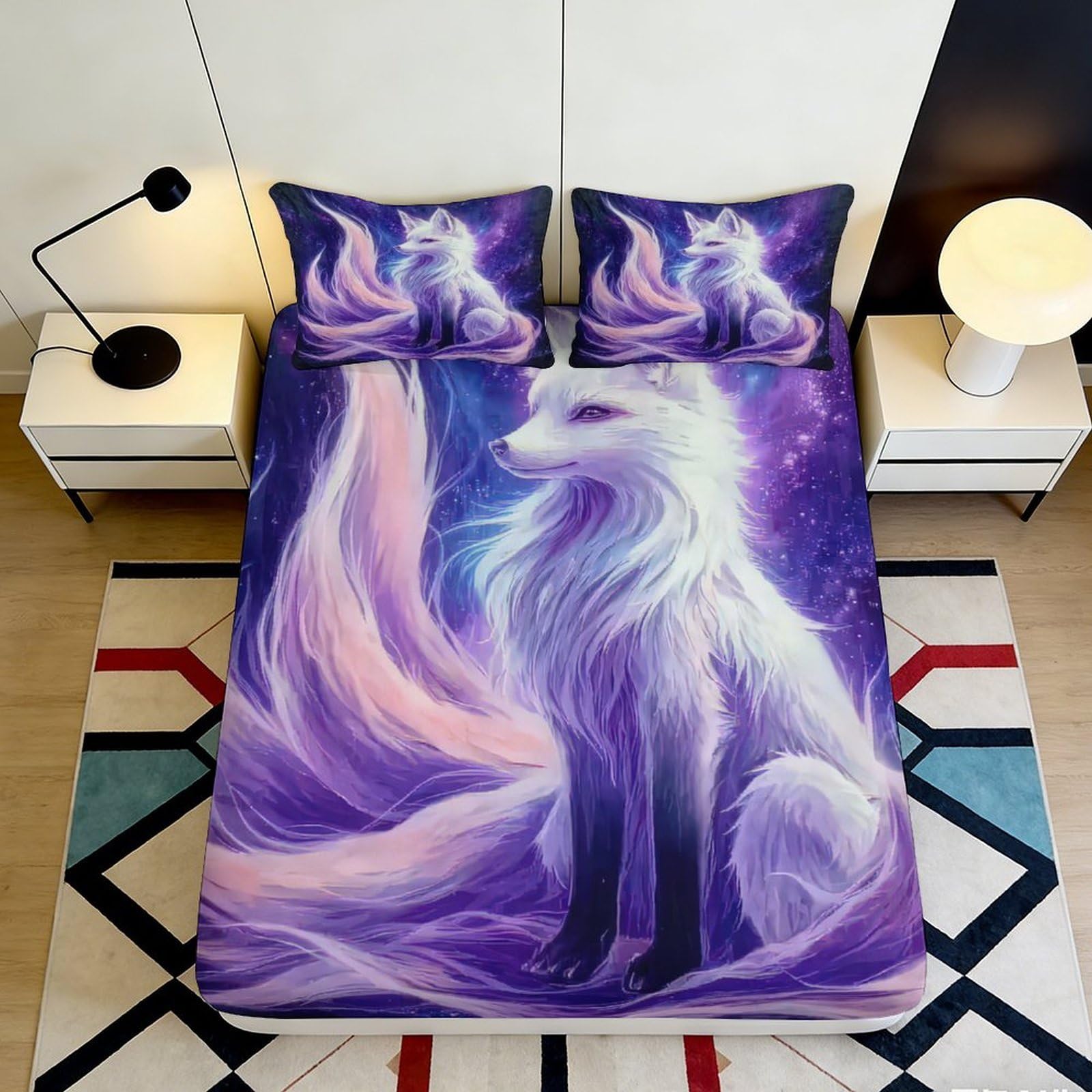 3D Printed Fantasy Fox Fitted Sheet Microfiber Soft Purple Blue Galaxy Mattress Cover for Bedroom Dorm Bed Protection Decor 120x200x25cm