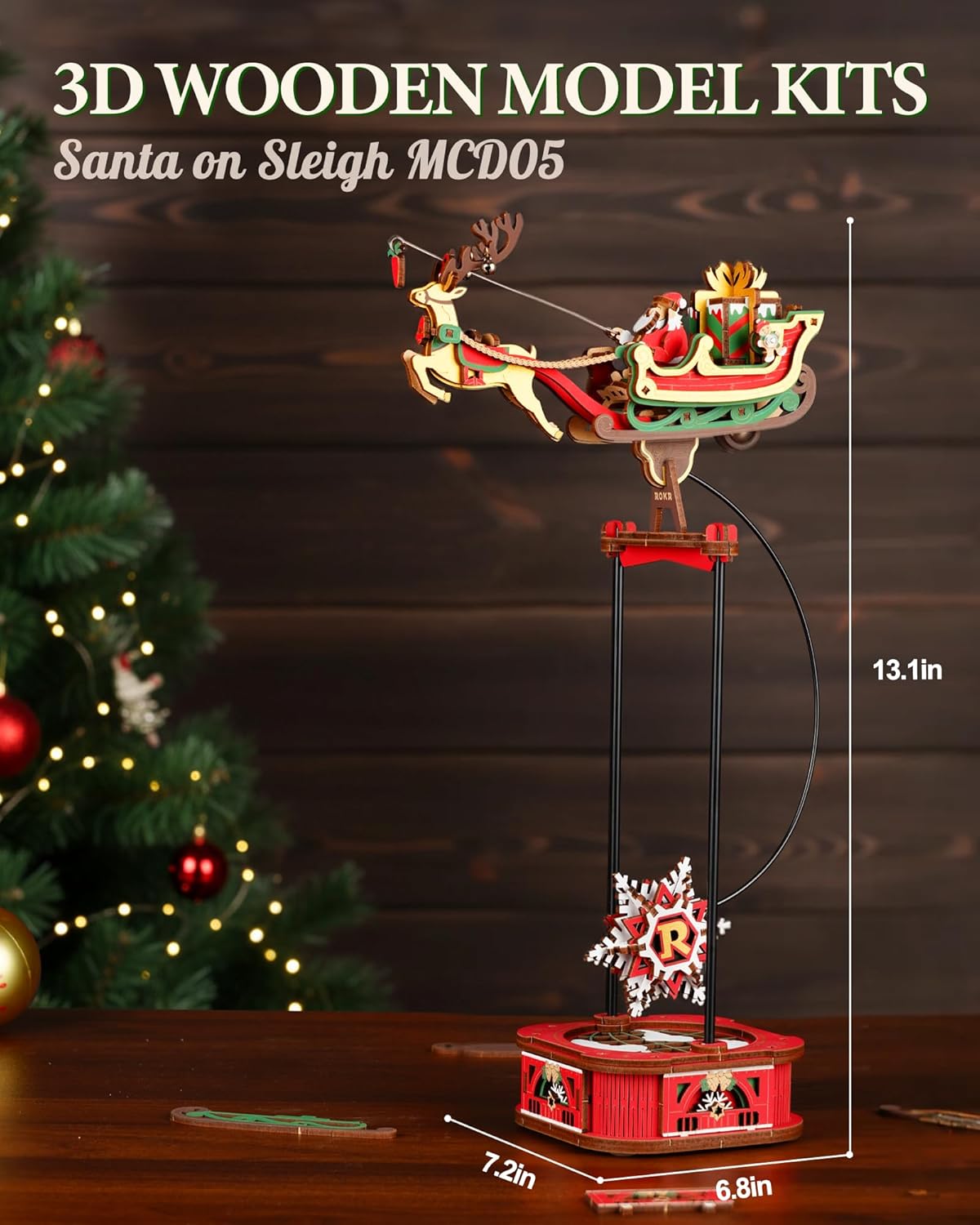 ROKR 3D Wooden Puzzle Gravity Swinging Santa on Sleigh,Dynamic Balance Desktop Decor,Festive Holiday Puzzle for Family and Friends