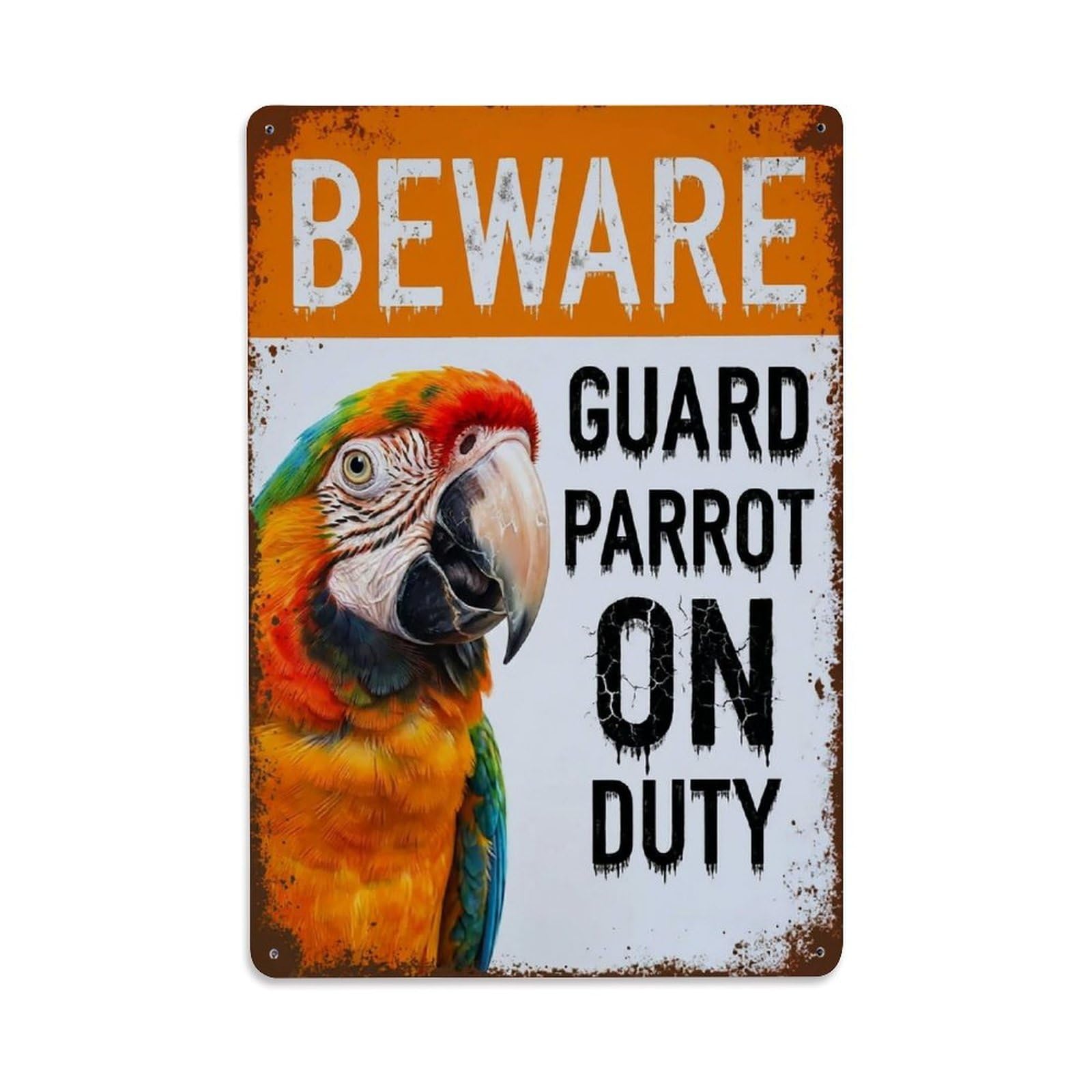 Vintage Funny Parrot Guard Beware of Bird Grounds Metal Tin Sign Plaque Wall Decor for Cafe, Club Bar, Office, Garden Metal Poster 8x12Inch