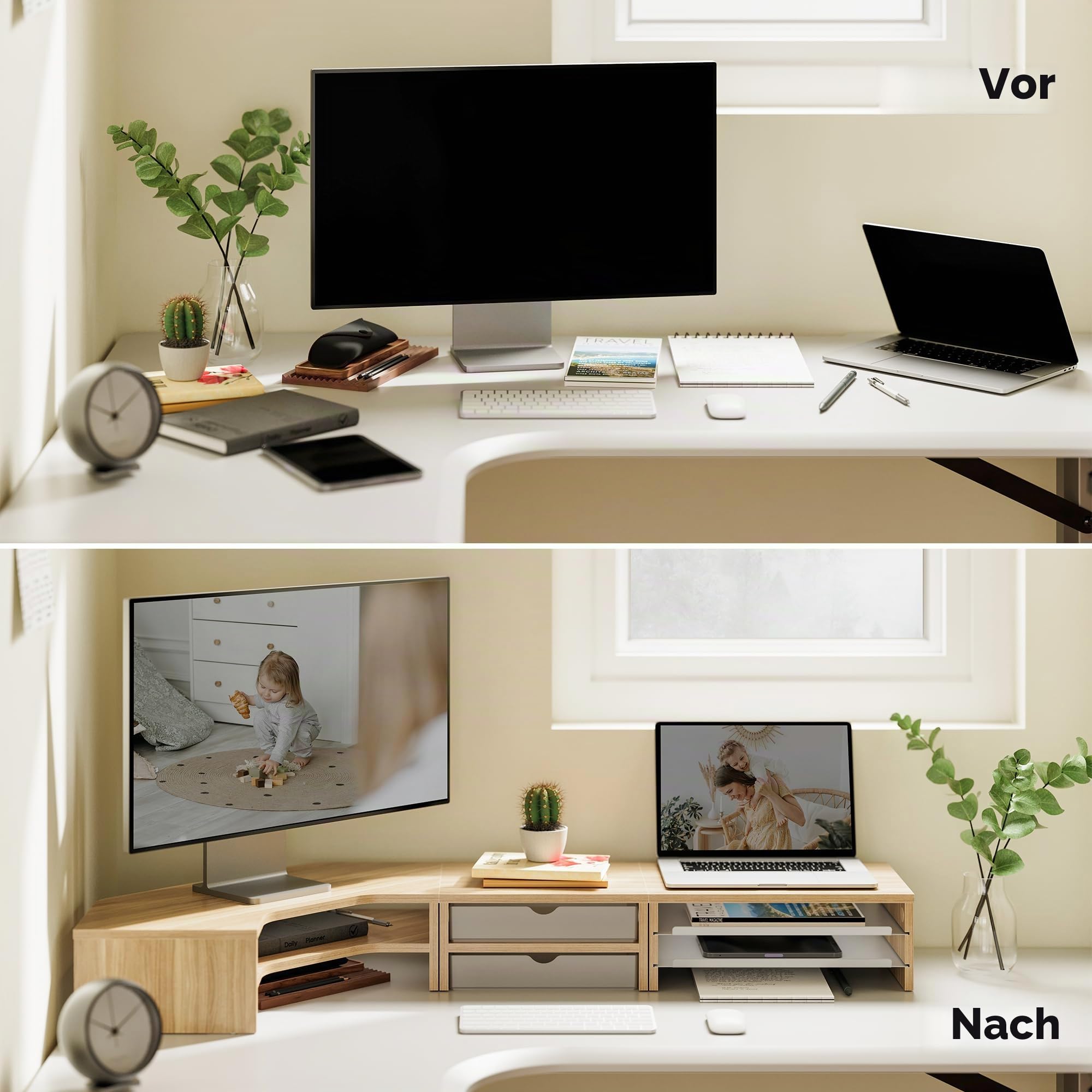 Fenge Monitorständer 3 in 1, Dual Monitor Stand mit Schublade und Ausziehbarem Tablett, L-Förmiger Eck Bildschirmerhöhung, Frei Kombinierbar, Für Home Office, PC, Laptop, Drucker, TV (Eiche)