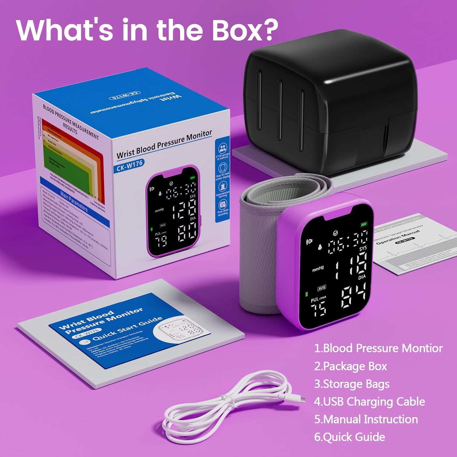 Portable Wrist Blood Pressure Monitor with LED Screen for Home Use, Dual User Memory & Adjustable Cuff, Purple