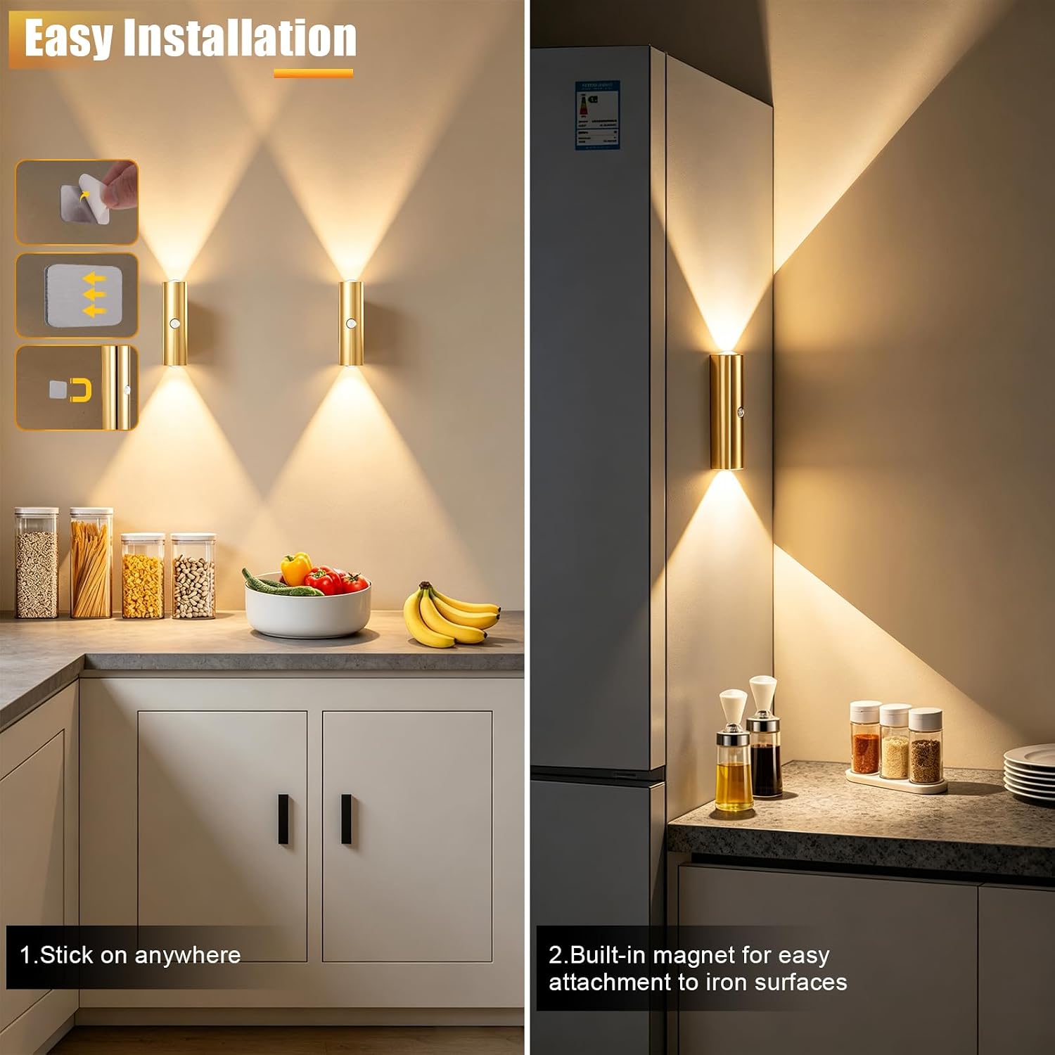 2 Pack Motion Sensor Wall Light, Rechargeable Wall Sconces | Wall Sconces Battery Operated with 3 Colors & Dimmable, Magnetic Wireless Wall Sconces for Stair Bedroom Hallway (Gold)