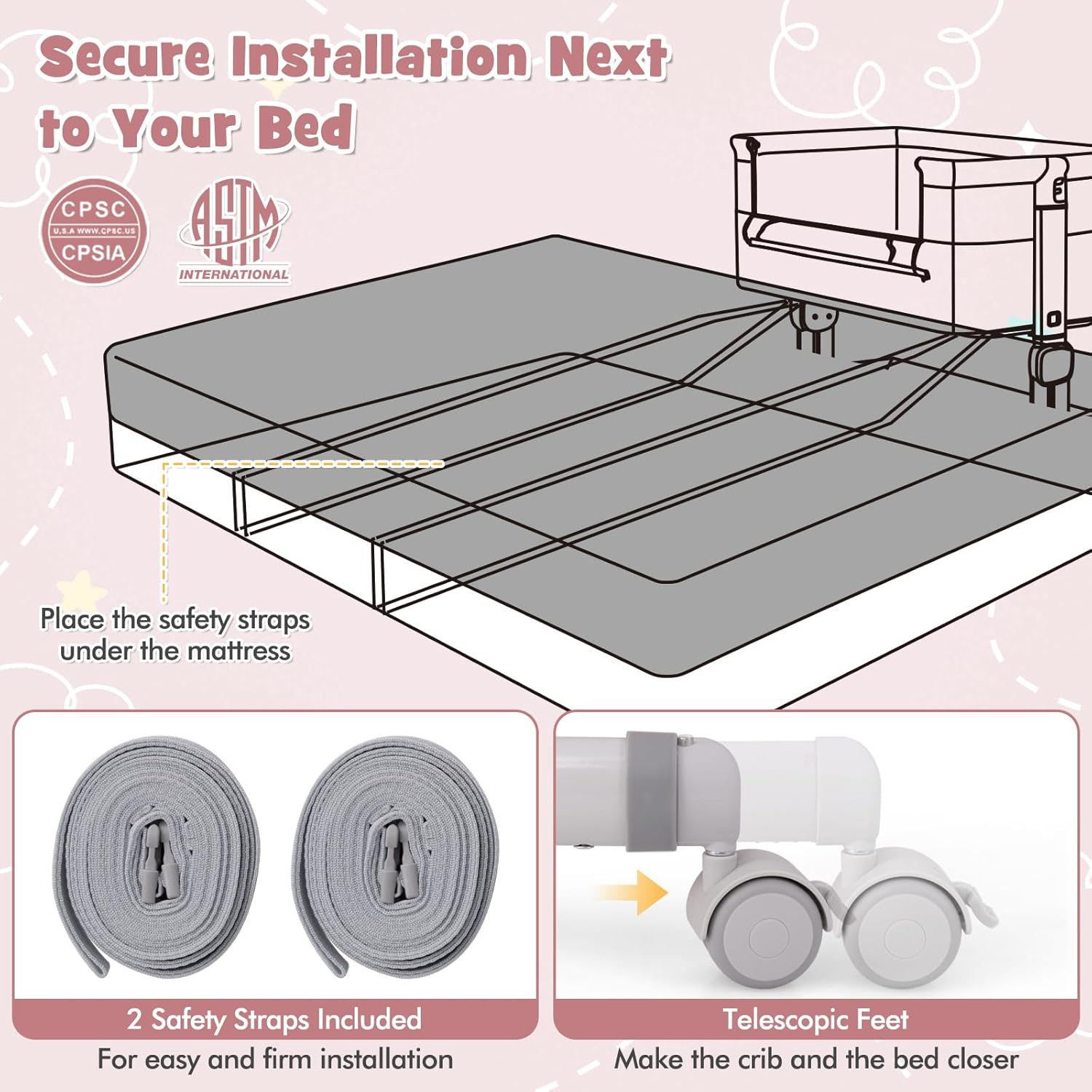 BABY JOY Bassinet, Bedside Crib w/ 6-Level Adjustable Height, Storage Shelf, Wheels, Mattress & Carry Bag for Safe Co-Sleeping, Folding Bassinet Bedside Sleeper for Newborn Infants (Pink)