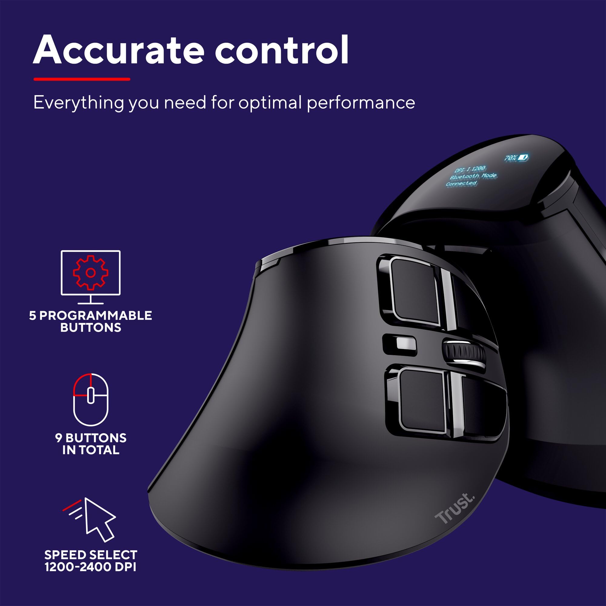 Trust Voxx Mouse Verticale Wireless Ricaricabile Bluetooth o 2.4 GHz, Mouse Ergonomico Senza Filo Programmabile, 9 Pulsanti, Display LED, 1200-2400 DPI, Mac PC Macbook Laptop Chromebook - Nero