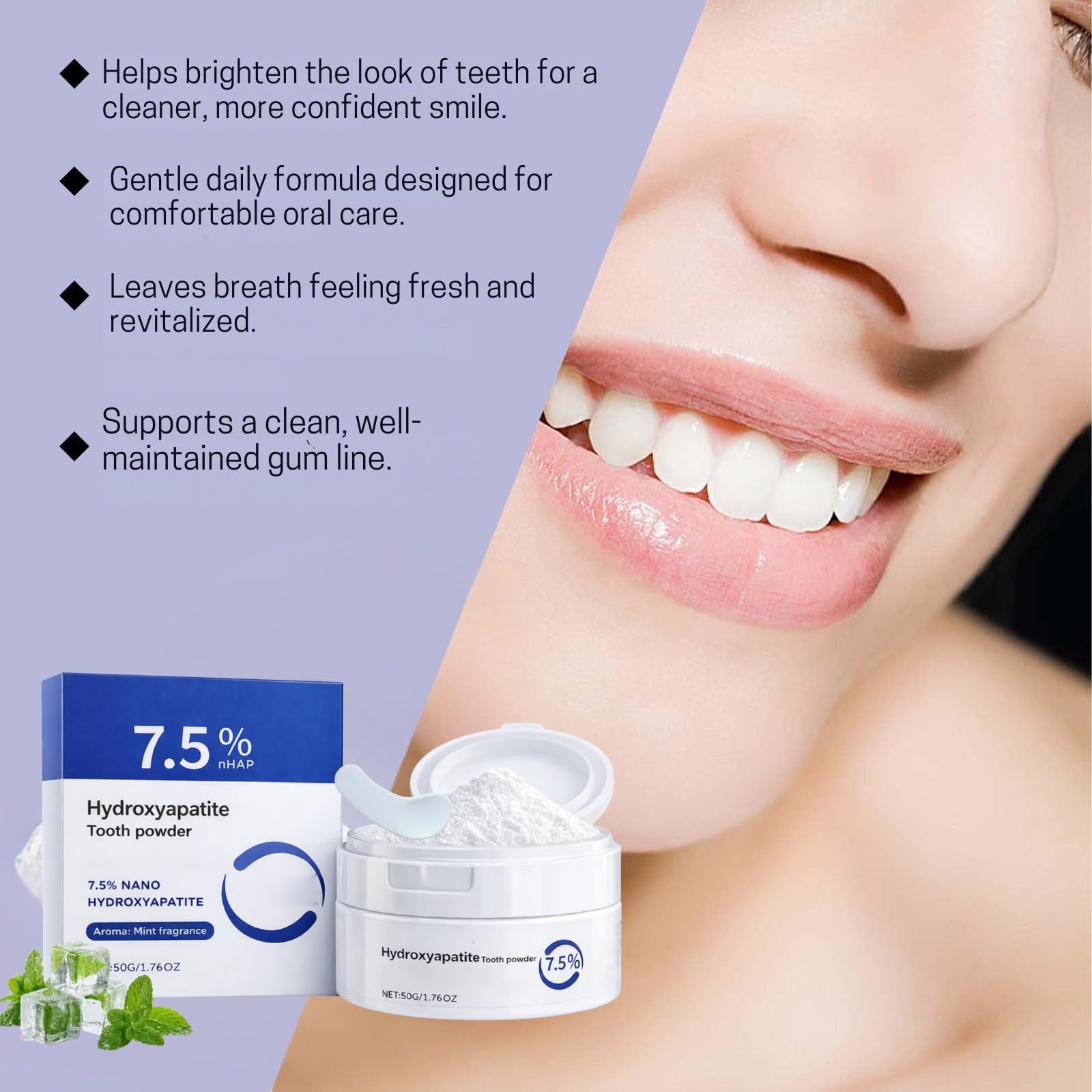 Microcrystalline Hydroxyapatite Tooth Powder, 7.5% Nano Hydroxyapatite Formula, Gentle Daily Oral Care with Fresh Mint — view 5