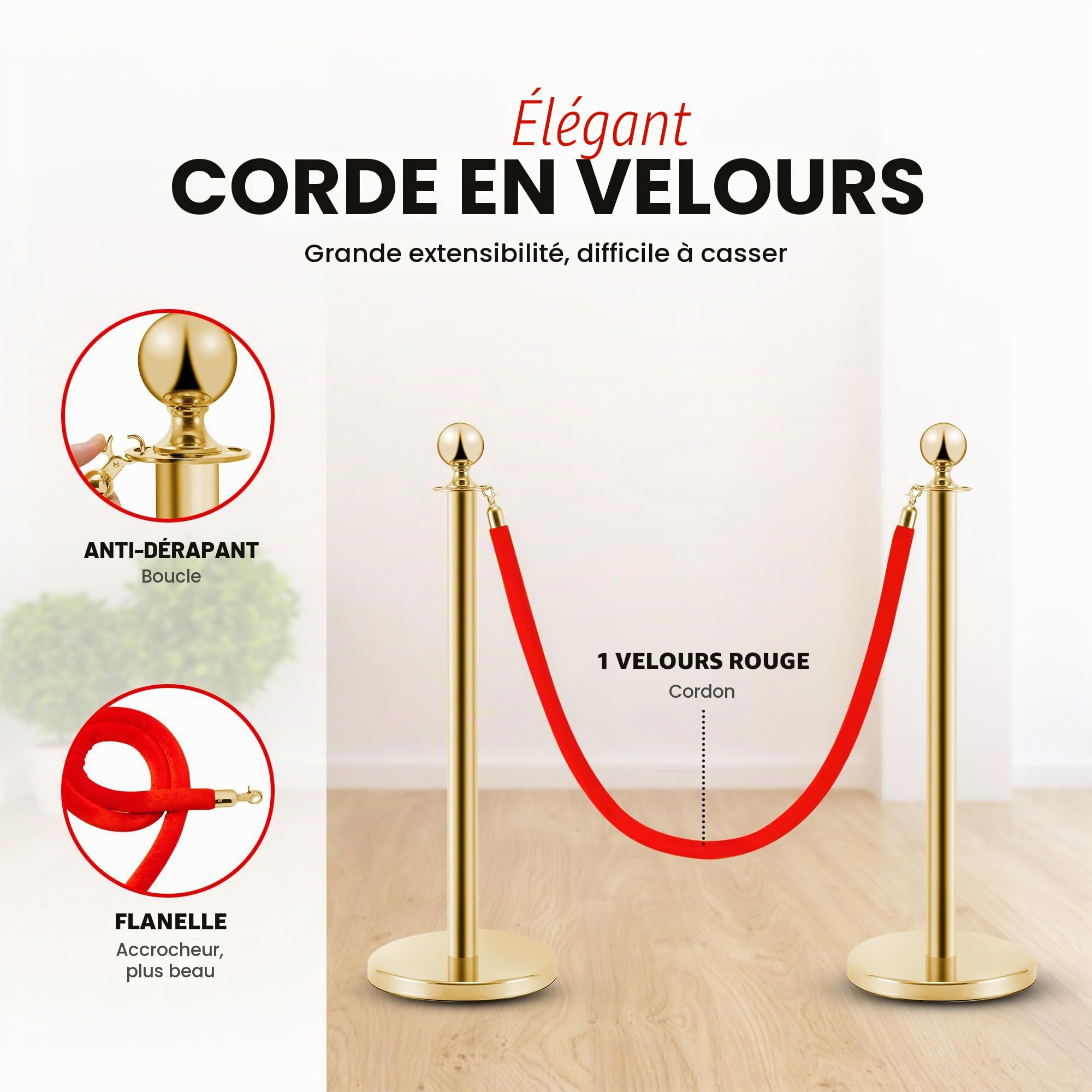 Poteaux intercalaires en acier inoxydable doré, 2 pièces, hauteur 90 cm, argenté avec corde en velours rouge de 1,5 m, connexion 4 voies, base de 31 cm de diamètre, contrôle de foules