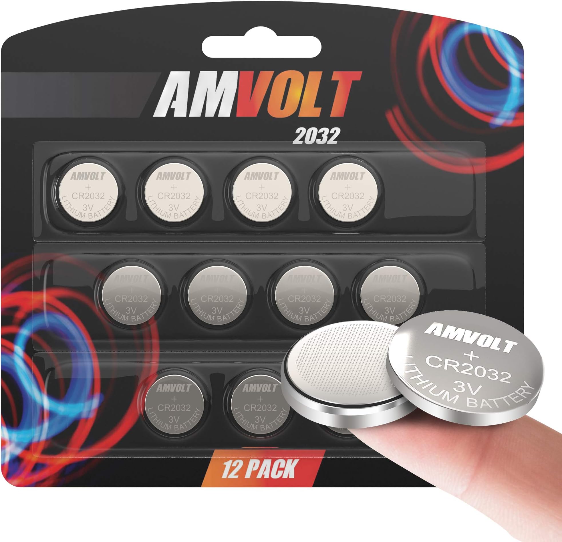 AmVolt- Pack of 12 CR2032 Batteries, 220mAh 3 Volt Lithium Battery, Long Lasting Coin Cell 2032 Batteries for Small Electronic Devices