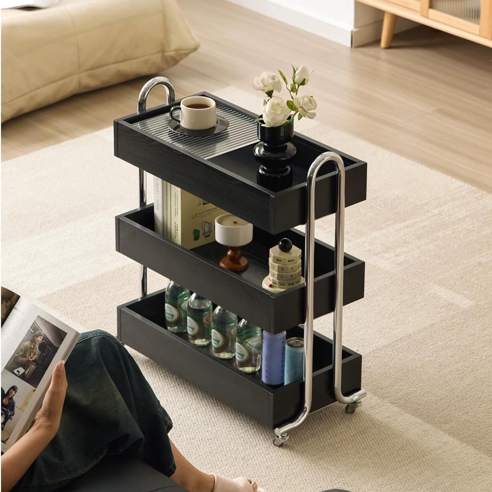 Estante Organizador de Almacenamiento con Carrito Mesa Auxiliar rodante 3 Niveles for Sala Estar y Cocina Carro Utilitario(Negro)