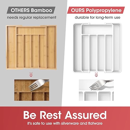 Vista 54 de Aujen Organizador de cubiertos – Organizador de cajones de cocina expandible, organizador de utensilios ajustable, bandeja de cubiertos para Negro