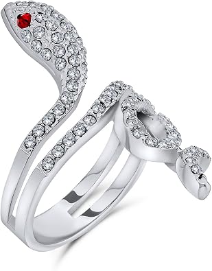 Bling Jewelry Spiral Wrap Snake Fashion Statement Ring For Women Red Eye Cubic Zirconia Pave CZ Silver Plated Brass
