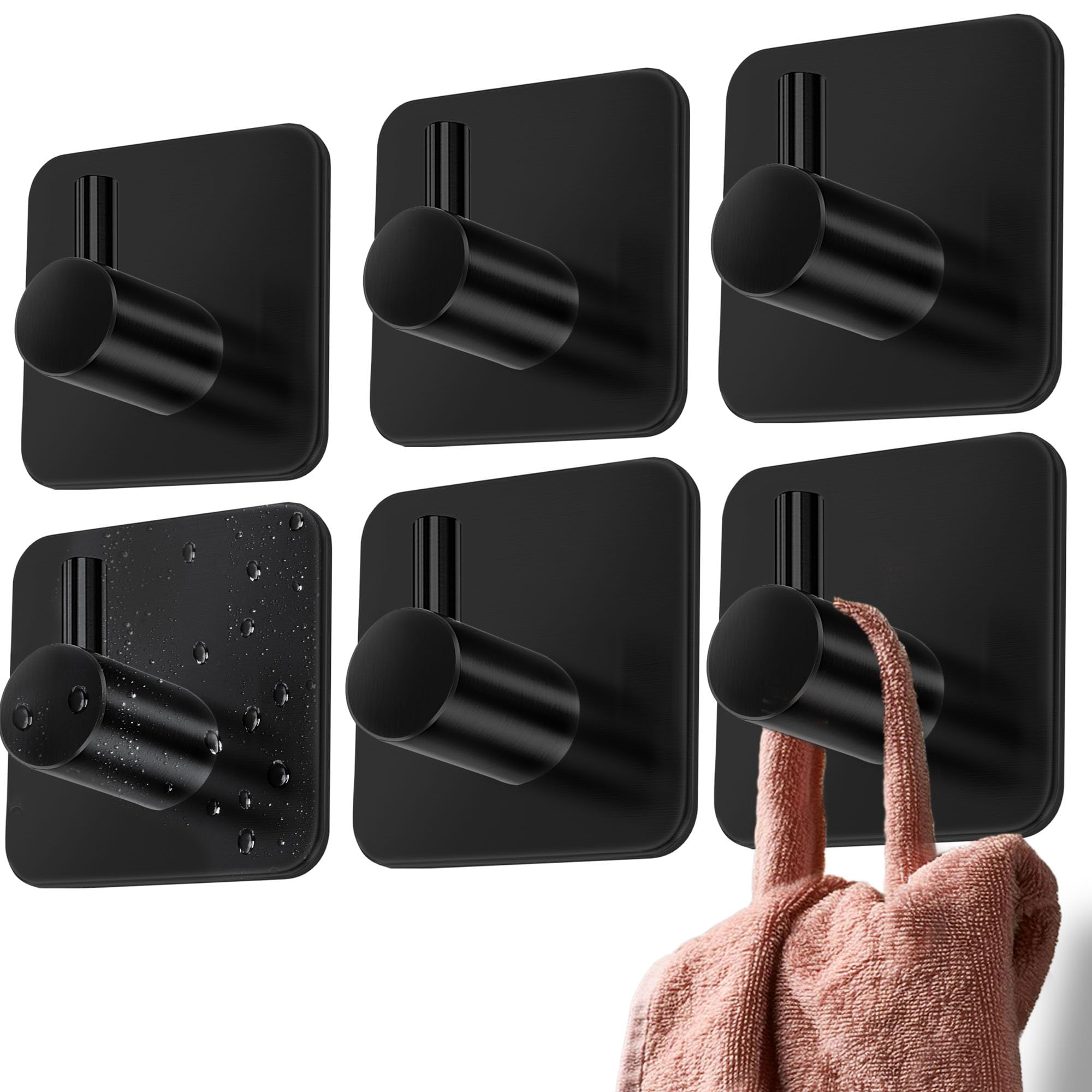 4Smile Black Self Adhesive Hooks - 6 Pcs Strong Sticky Hooks For Hanging Towels - Stick On For Heavy Duty Waterproof, Bathroom Towel Rail, Tea Towel Holder
