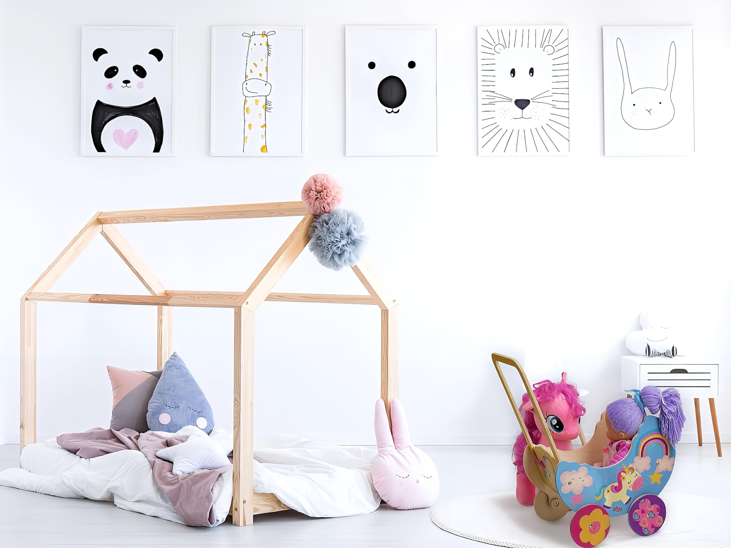 Dida - Puppenwagen Einhorn, Aus Holz Gefertigt, Wagen für Puppen bis 35 cm, Ideal für Rollenspiele, Perfekt für Kinder von 2, 3, 4 Jahren, Kreatives und Pädagogisches Spielzeug