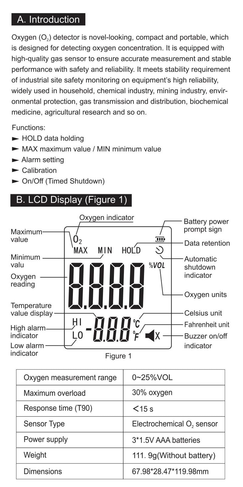 Jadeshay Rilevatore di Ossigeno,0~25% Vol Rilevatore di Gas Portatile Monitor O2 Analizzatore di Ossigeno Tester Rilevatore di Contenuto di Ossigeno con Display LCD WT8821