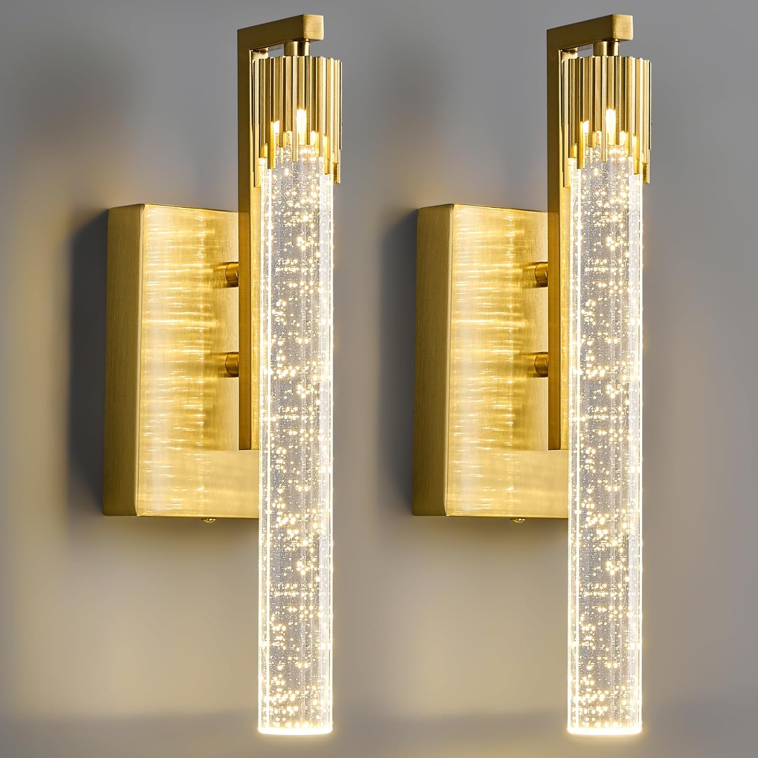 Gold LED Wall Sconce Set of Two with Bubble Crystal Stick Wall Light Modern Bathroom Vanity Light Fixture for Bedroom Bedside Hallway