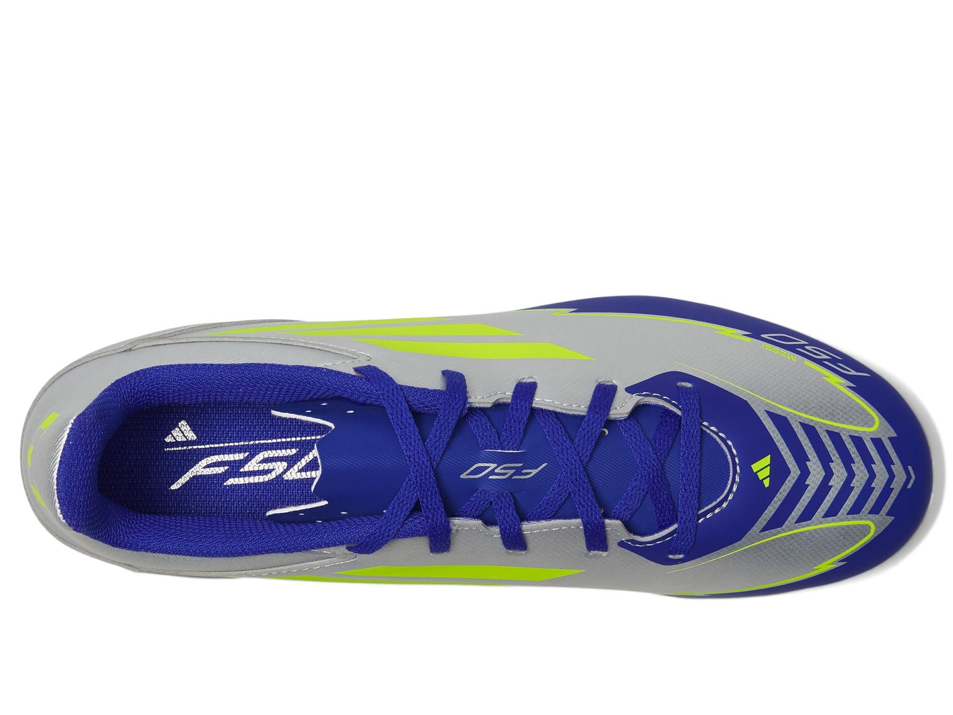 adidas Unisex F50 Club Messi Firm Multi Ground Sneaker, Silver Metallic/Solar Yellow/Lucid Blue, 10 US Men