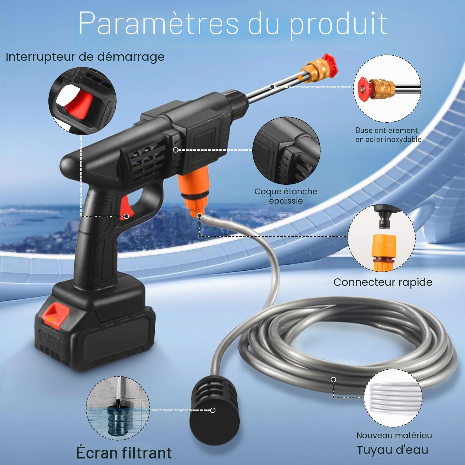 Nettoyeur Haute Pression sans Fil Portable Max 90 Bar avec 2 Batteries, Buse Multi-pulvérisation 6 en 1, Tuyau de 5M, Lance D'extension, Outil de Nettoyage de Voiture en Plein Air pour Jardin
