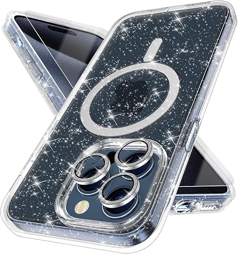 Miniatura 1 de Funda magnética brillante para iPhone 15 Pro compatible con MagSafe, 2 protectores de pantalla y 2 protectores de lente de cámara de diamante,