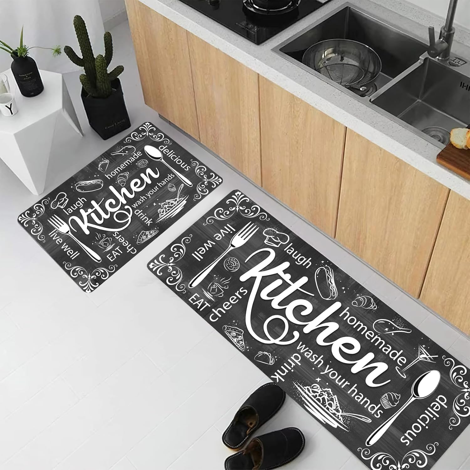 3-Pack Non-Slip Kitchen Rugs - Grey Farmhouse Cushioned Mats, Washable & Stain Resistant Kitchen Mats for Floors, Laundry, Bathroom, Entryway
