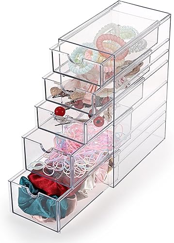 Miniatura 8 de BTSKY Cajones de escritorio de plástico, caja de almacenamiento de escritorio transparente, organizador de escritorio apilable con 5 cajones