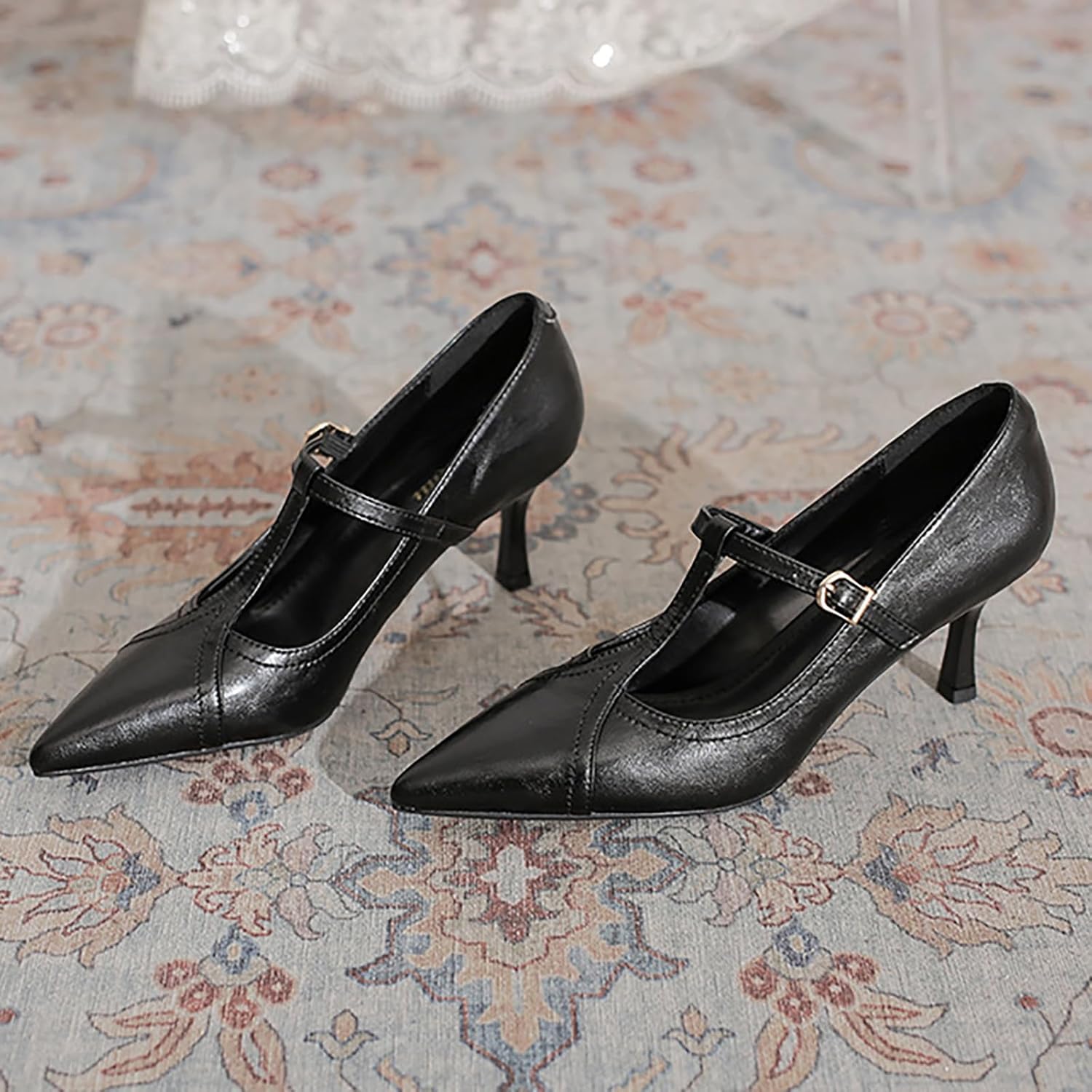 Women'S Leather T-Strap Sexy Pointed Stiletto Heel Pumps Fashion Adjustable Buckle Comfort Kitten Heel Mary Janes Party Wedding Evening Dress High Heel Shoes