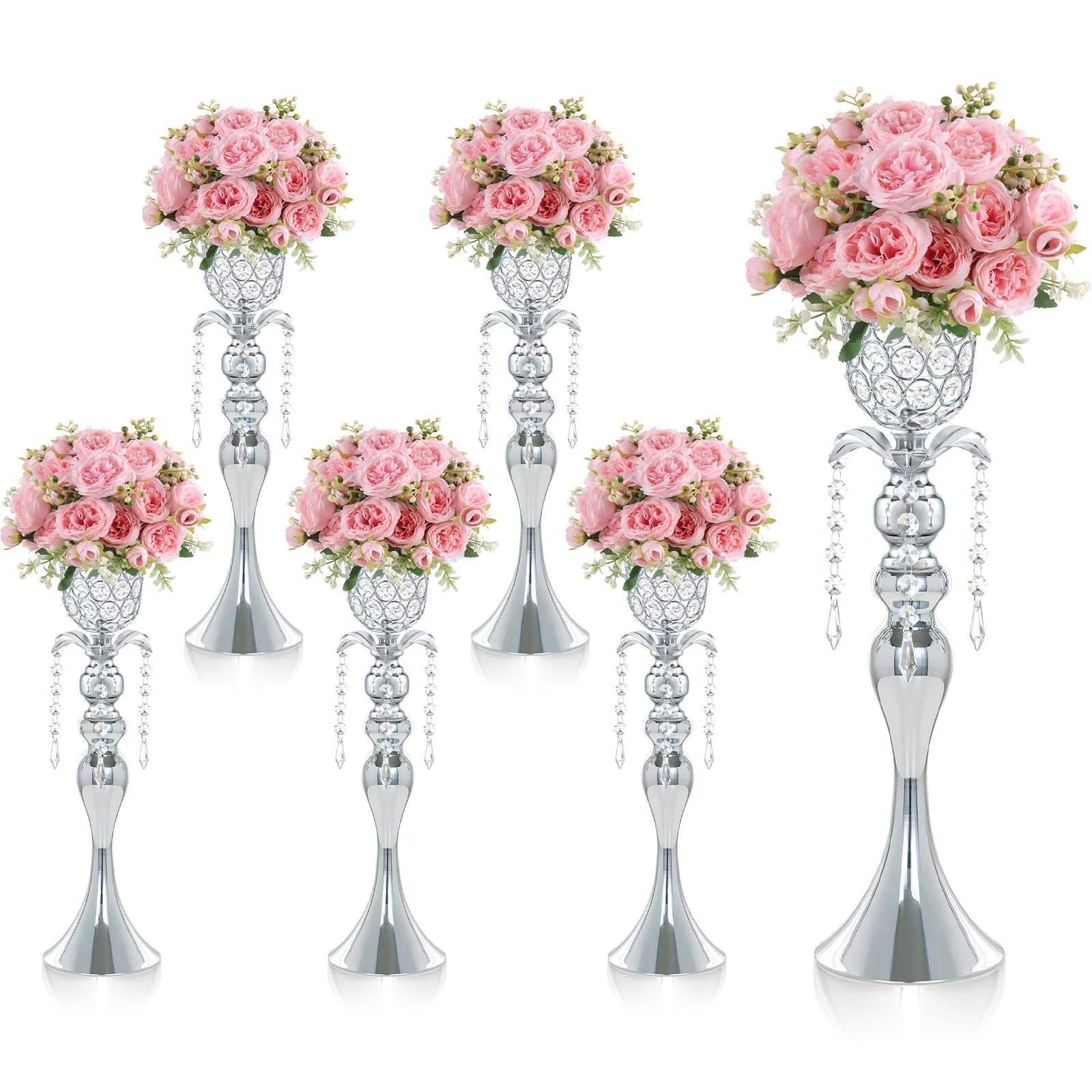 Kehail 6Pcs Silver Crystal Metal Vase Set - Tulip & Trumpet Wedding Centerpieces, Artificial Flower Arrangement Vases Bulk for Home Decor, Restaurant