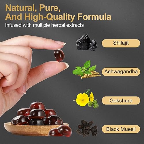 Vista 3 de Shilajit - Gomitas para hombres y mujeres, ricas en ashwagandha y gokshura, ácido fúlvico y más de 85 minerales traza suplemento de micronutrientes