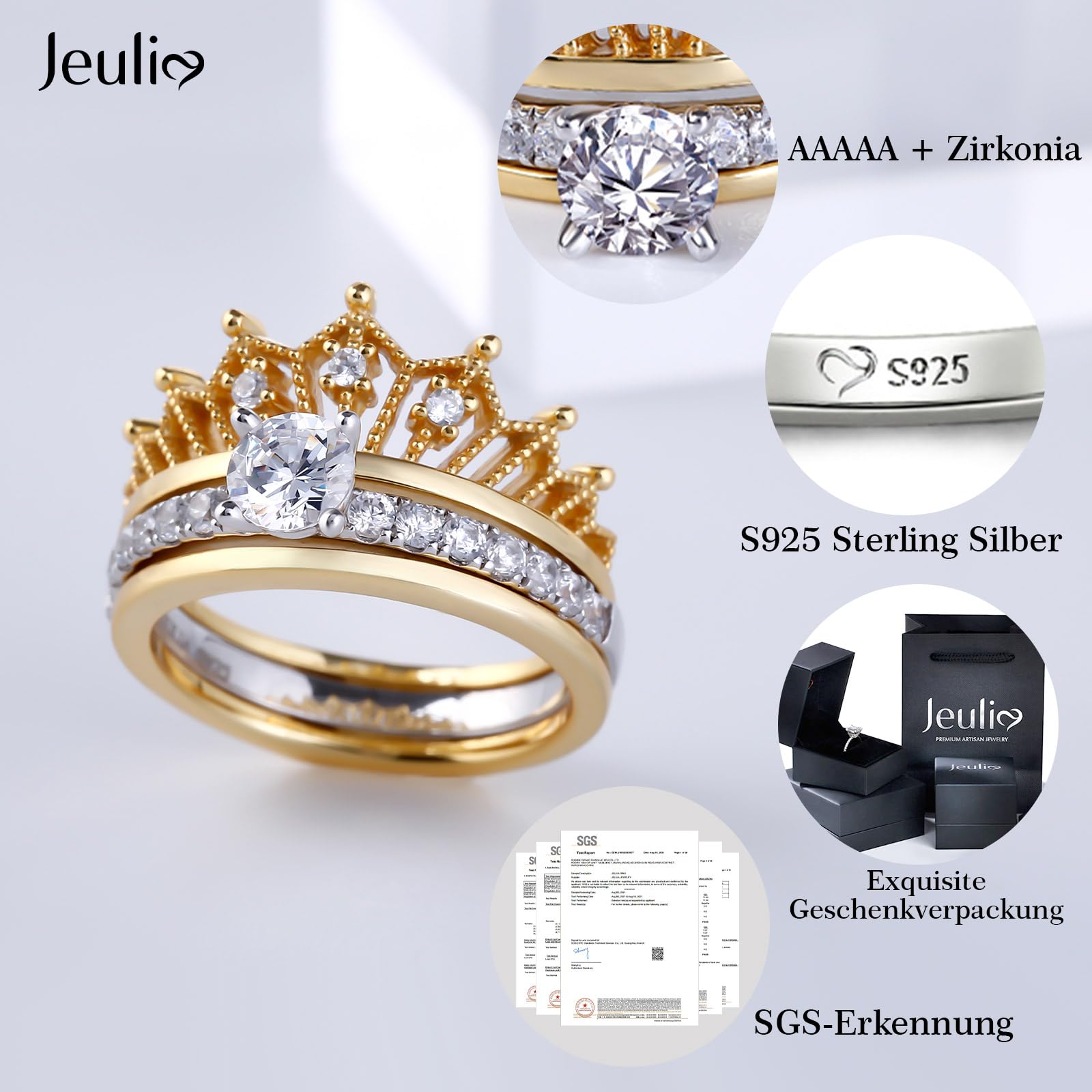 2 Stück Krone Damen Ringe Set Vergoldet Sterling Silber Verlobungsring Rundschliff Zirkonia Diamant Solitärring Antragsring Mit Geschenkverpackung Geschenke für Party Jubiläum Geburtstag