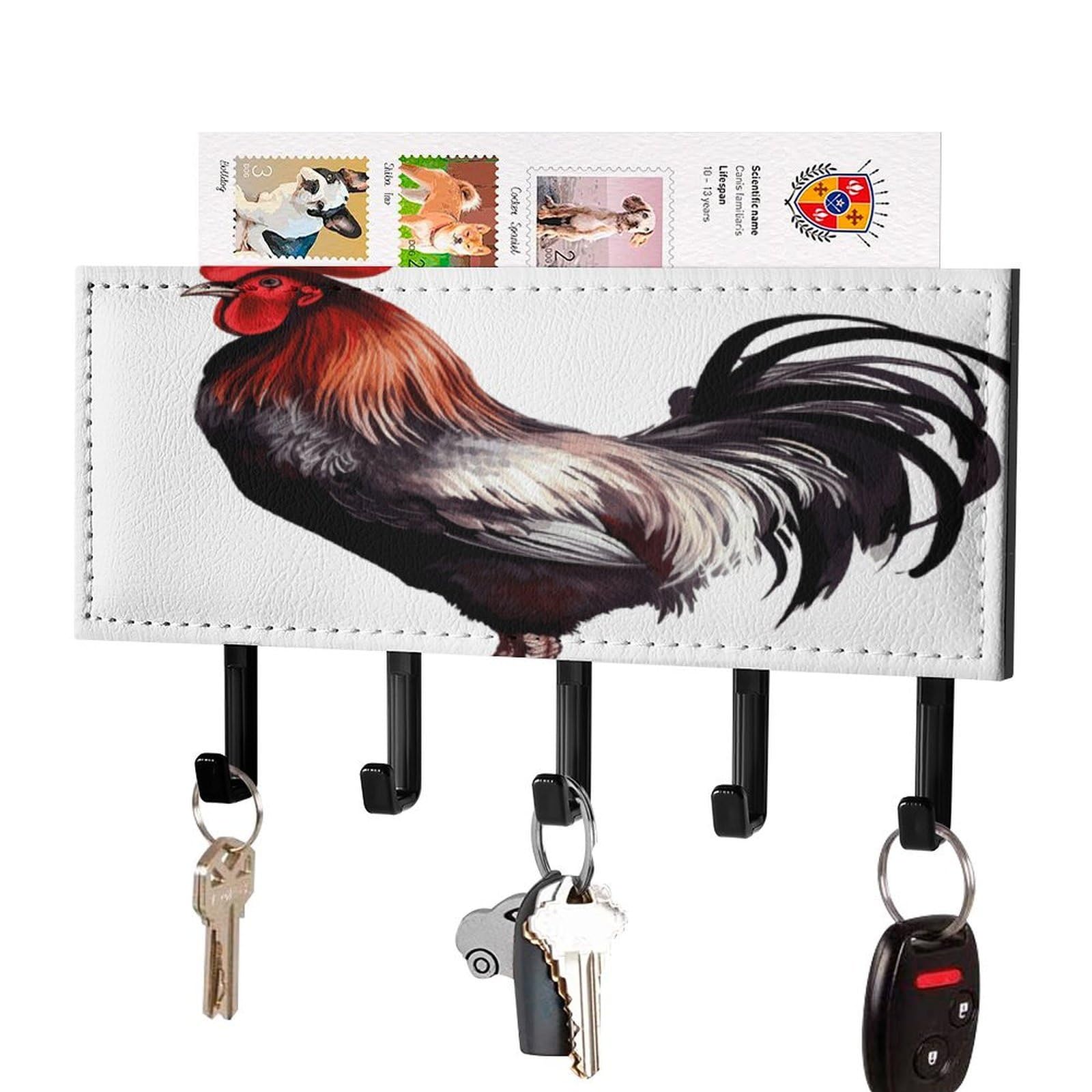 Fekiloot Black-Style Rooster Key Holder Wall Mount Decorative Key And Mail Holder Pu Key Rack With 5 Hooks Key Hanger Organizer Decorative Home Decor For Wall For Entryway Office Living Room