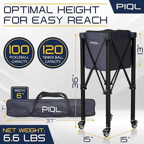 Miniatura 3 de Carrito de pelotas de pickleball azul marino - Carrito con ruedas, bolsa de almacenamiento - Capacidad de 100 pickleball - Tolva de pelota de tenis