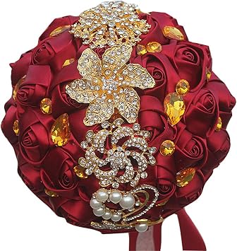 Brooch Bouquet 7" Bride Bridesmaid Satin Rose Wedding Bouquet w/Gold Crystal Brooches Custom-Made Artificial Floral Bouquet Centerpiece Arrangement, Burgundy Bouquet