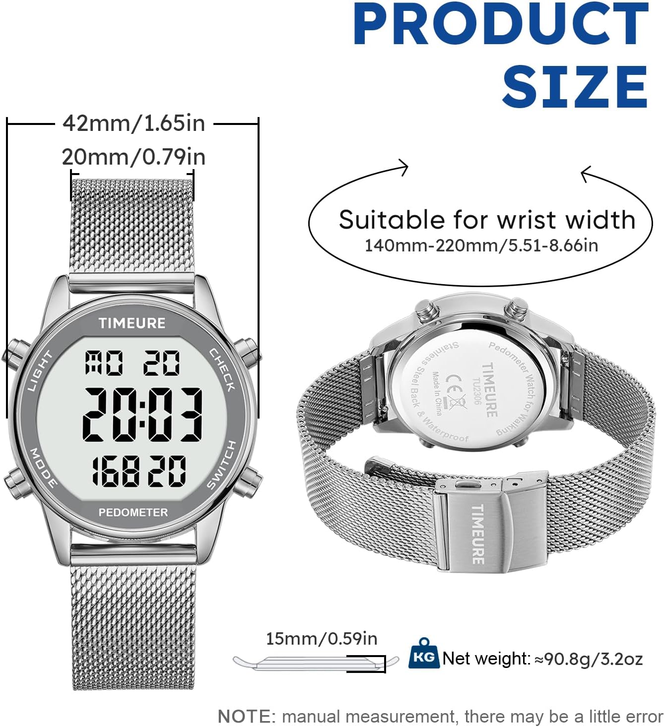 Men's Pedometer Watch with Stainless Steel Bracelet,Step Counter Watch No App, No Charging Needed for Ourdoor Walking, Calorie, Distance, Alarm, Countdown Timer Watch TU-2306B TIMEURE 7 71E8wAXPPOL. AC SL1500