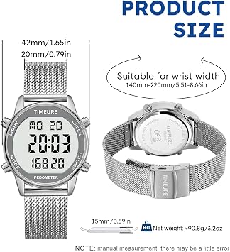 Men's Pedometer Watch with Stainless Steel Bracelet,Step Counter Watch No App, No Charging Needed for Ourdoor Walking, Calorie, Distance, Alarm, Countdown Timer Watch TU-2306B TIMEURE