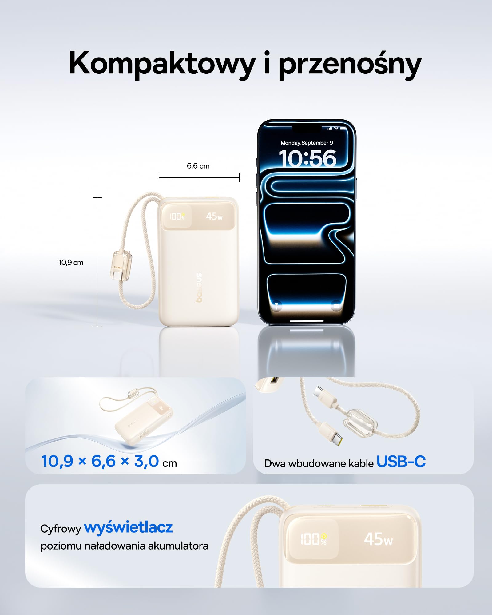 Baseus FC11 Power Bank 45 W 20000 mAh przenośna ładowarka z podwójnym wbudowanym kablem, mały powerbank CCC z inteligentnym wyświetlaczem, zwijany kabel, akumulator do iPhone'a 17/16, iPada, laptopa