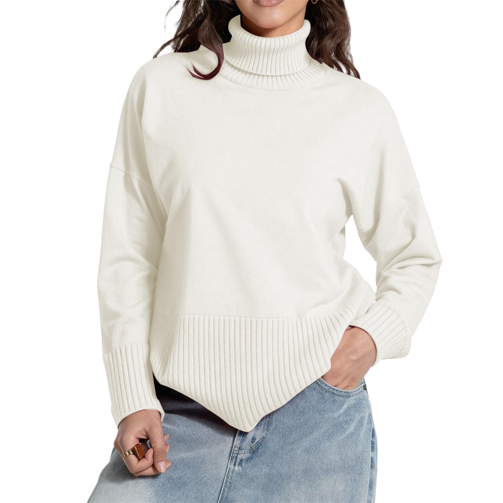 Oversize-Strickpullover mit geteiltem Saum, weicher Stehkragen, lässiger Winter, langärmeliger Rundhalsausschnitt, lockere Passform, Bequeme Herbstmode
